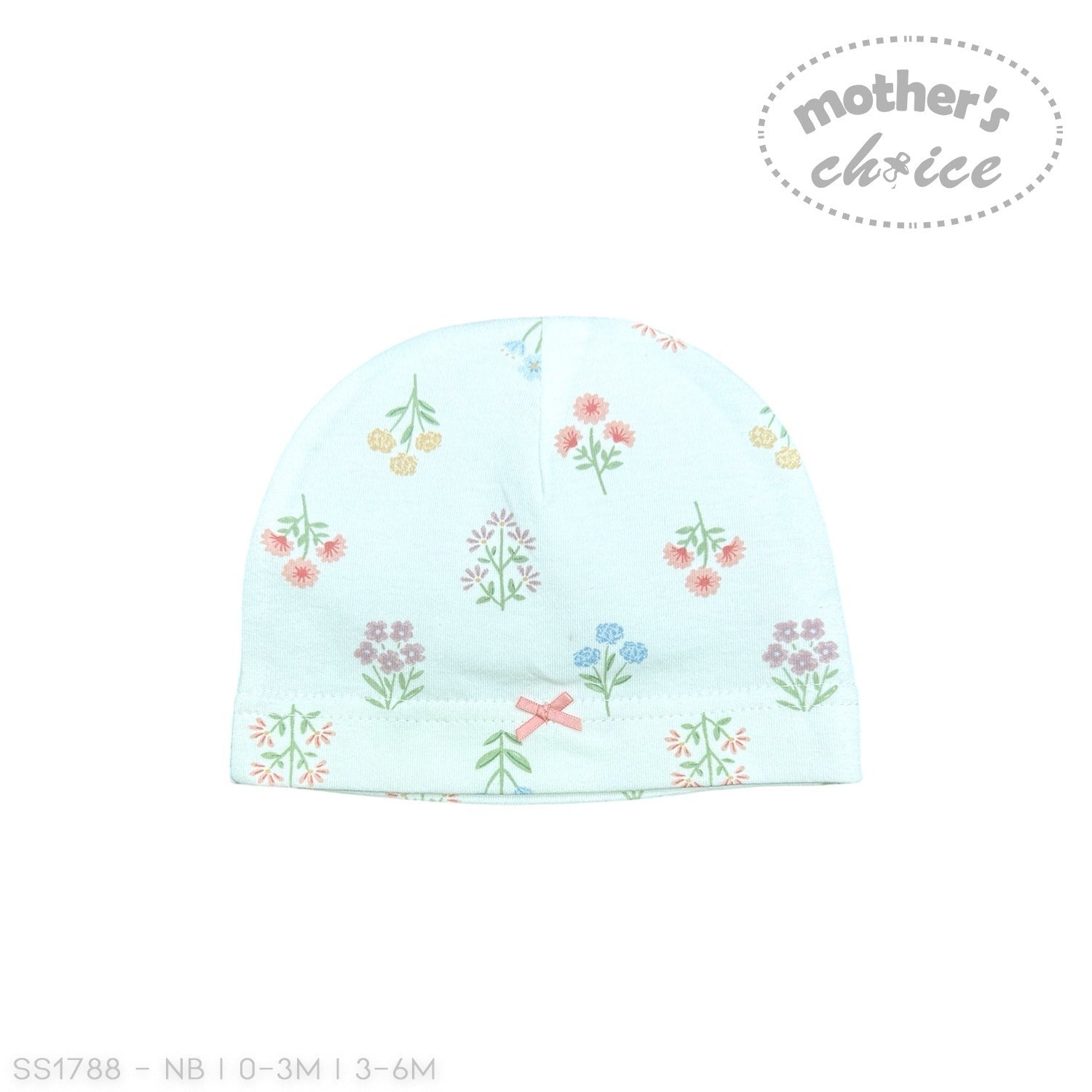 Floral patterned baby hat on a white background with 'Mother's Choice' branding.