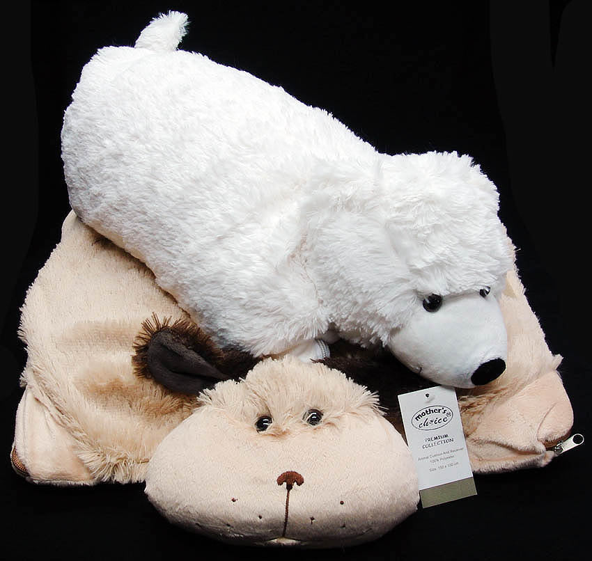 Two plush toys, a white polar bear and a beige beaver, on a black background with a visible brand tag.