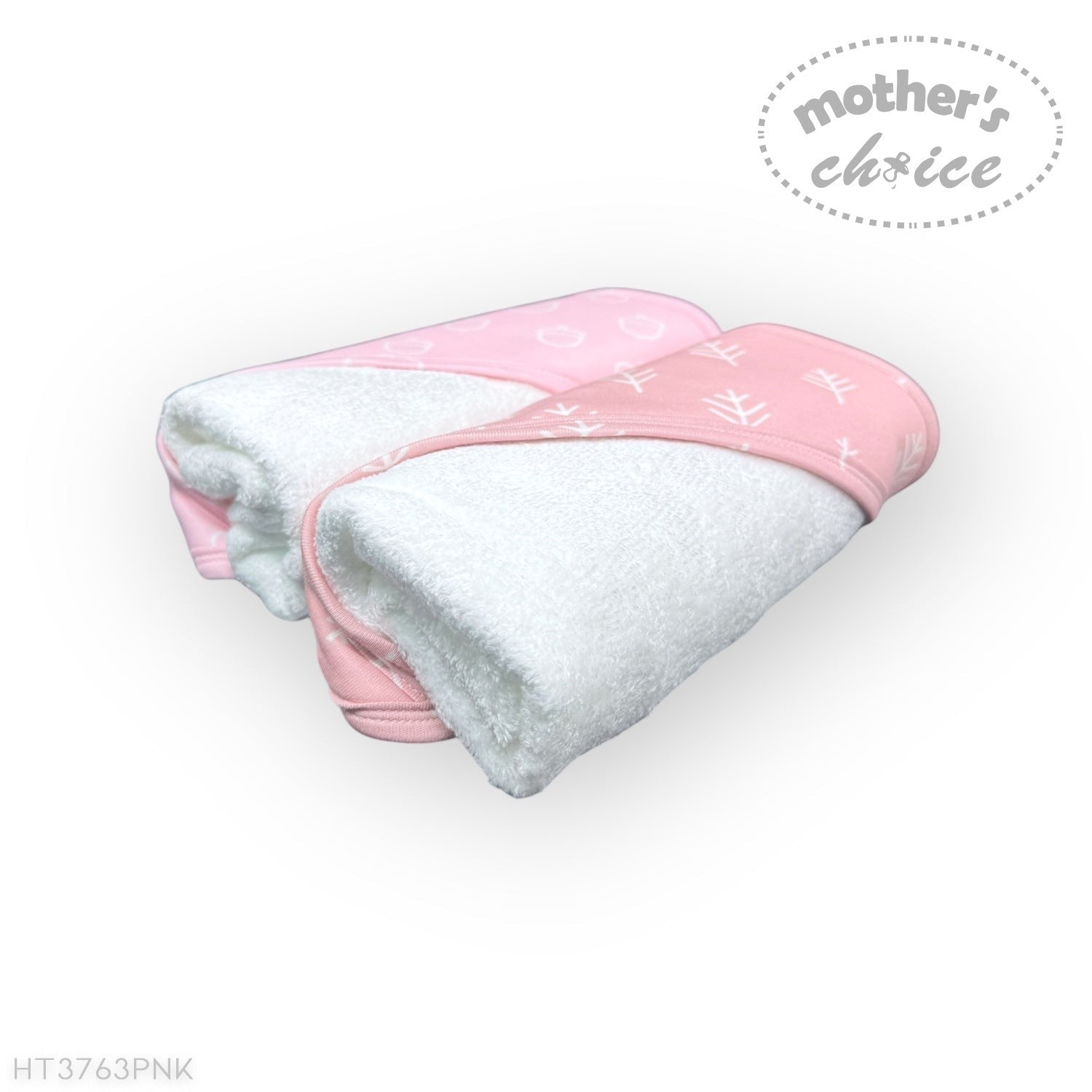 Pink and gray baby pants with 'Mother's Choice' branding on a white background