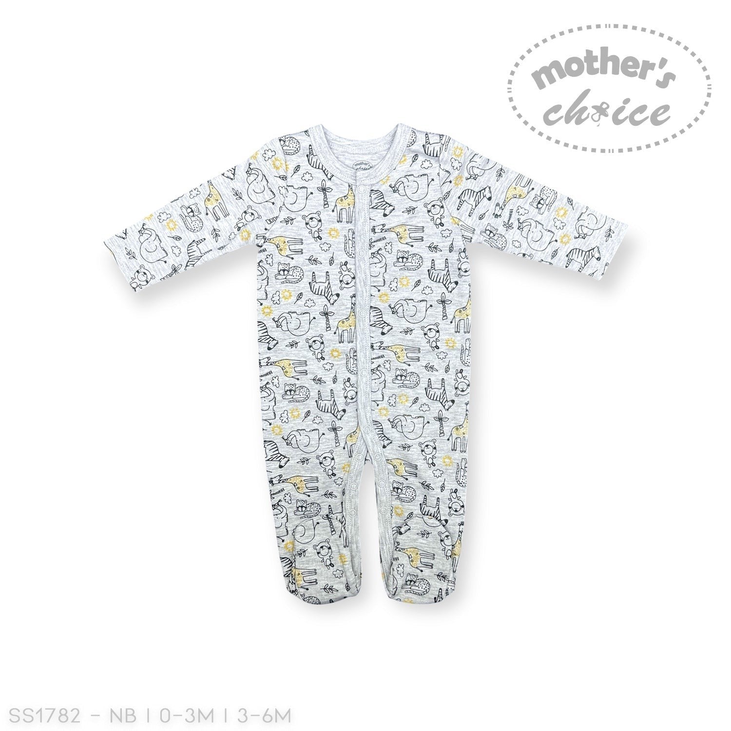 Baby onesie with animal pattern on a white background, featuring 'Mother's Choice' branding.