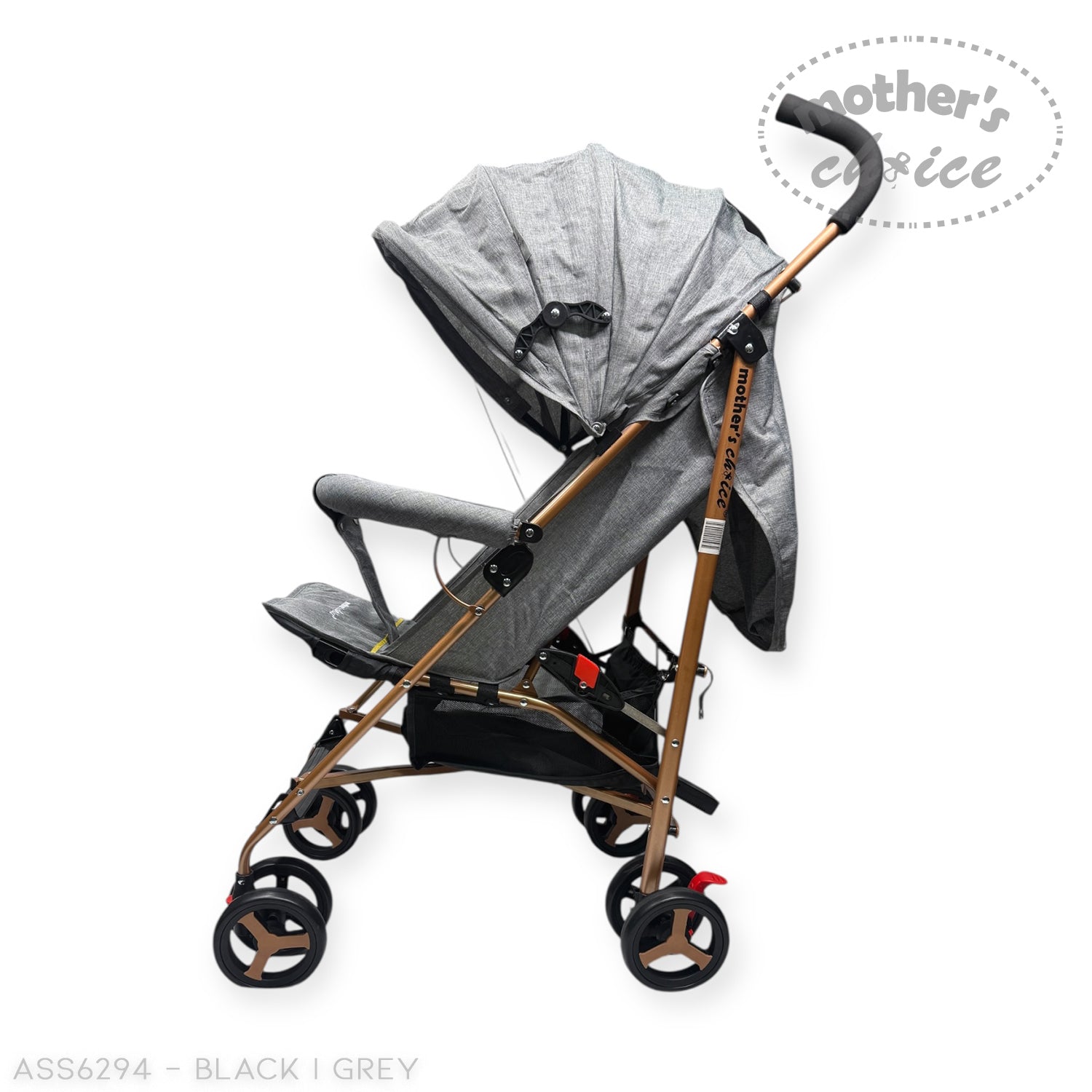 Gray and black stroller with canopy on a white background