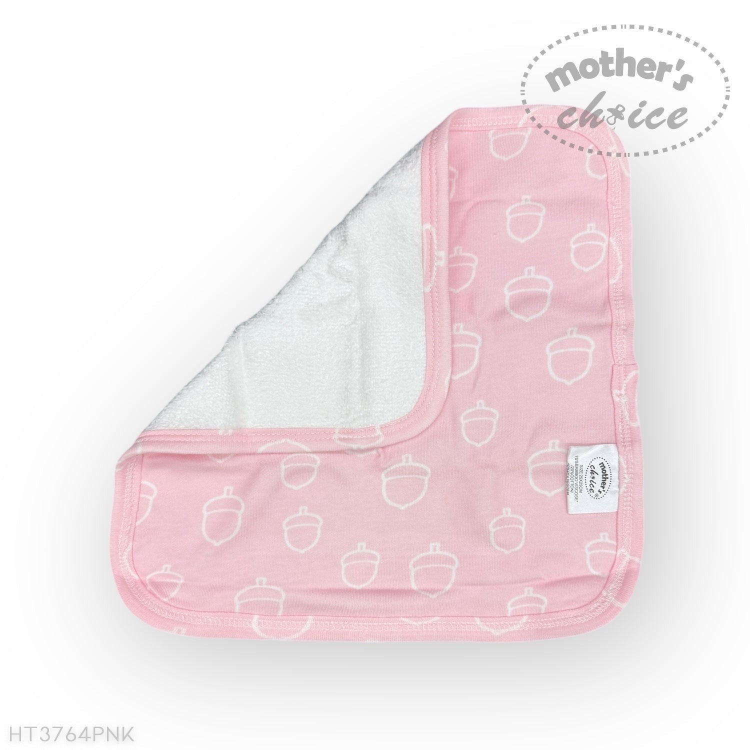 Pink baby bib with white patterns on a white background, featuring 'mother's choice' branding.