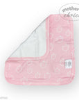 Pink baby bib with white patterns on a white background, featuring 'mother's choice' branding.