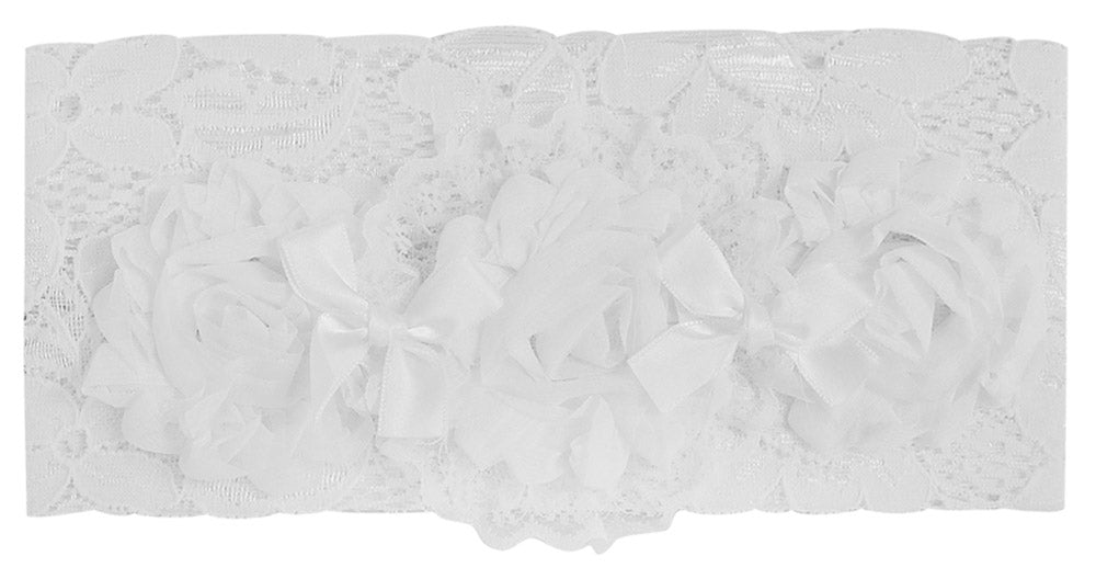 Mothers Choice Infant Girls Lace Headband White 3 Roses (Wide)