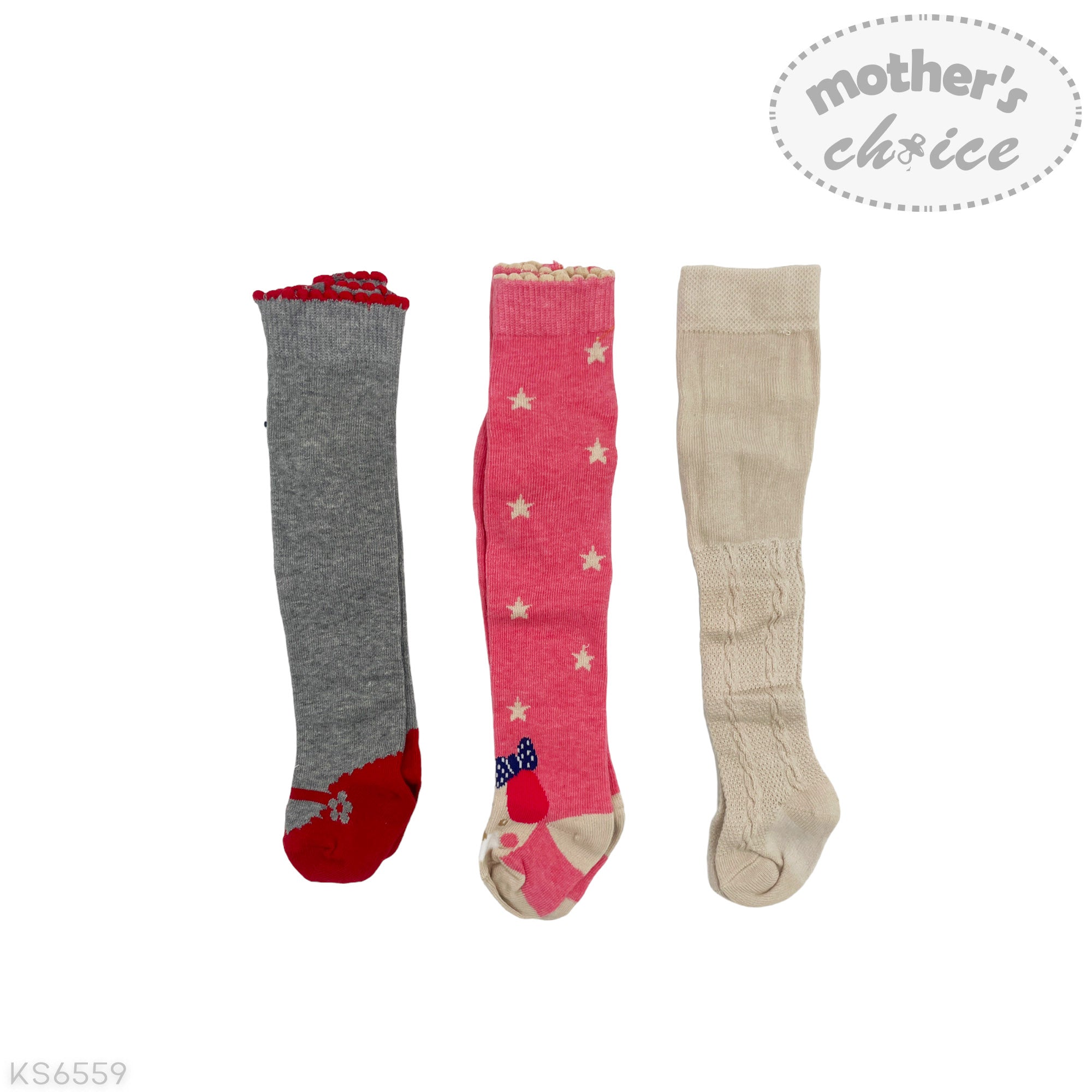 Three pairs of children's tights in gray, pink with star pattern, and beige on a white background.