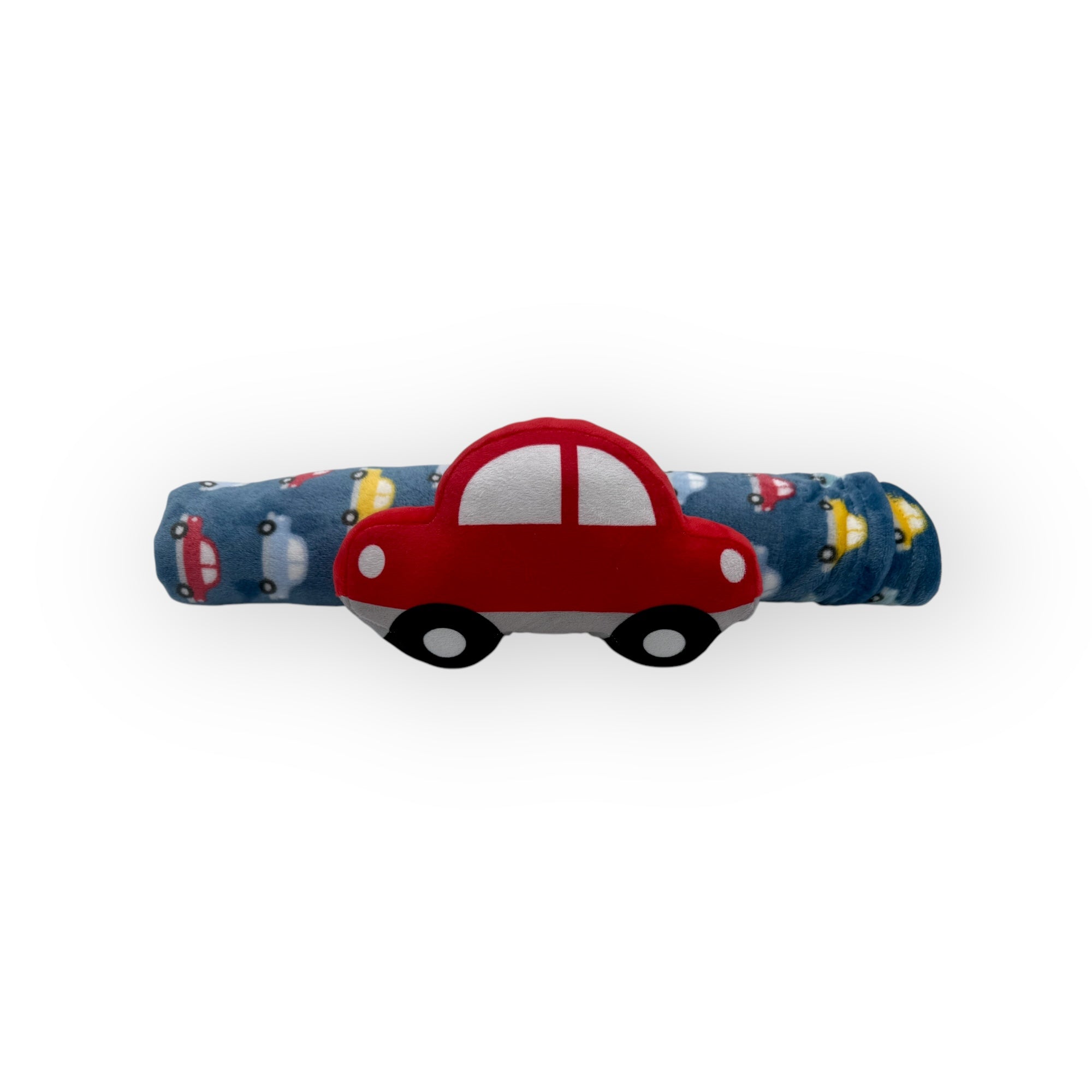Red car-shaped toy on a blue background with vehicle illustrations