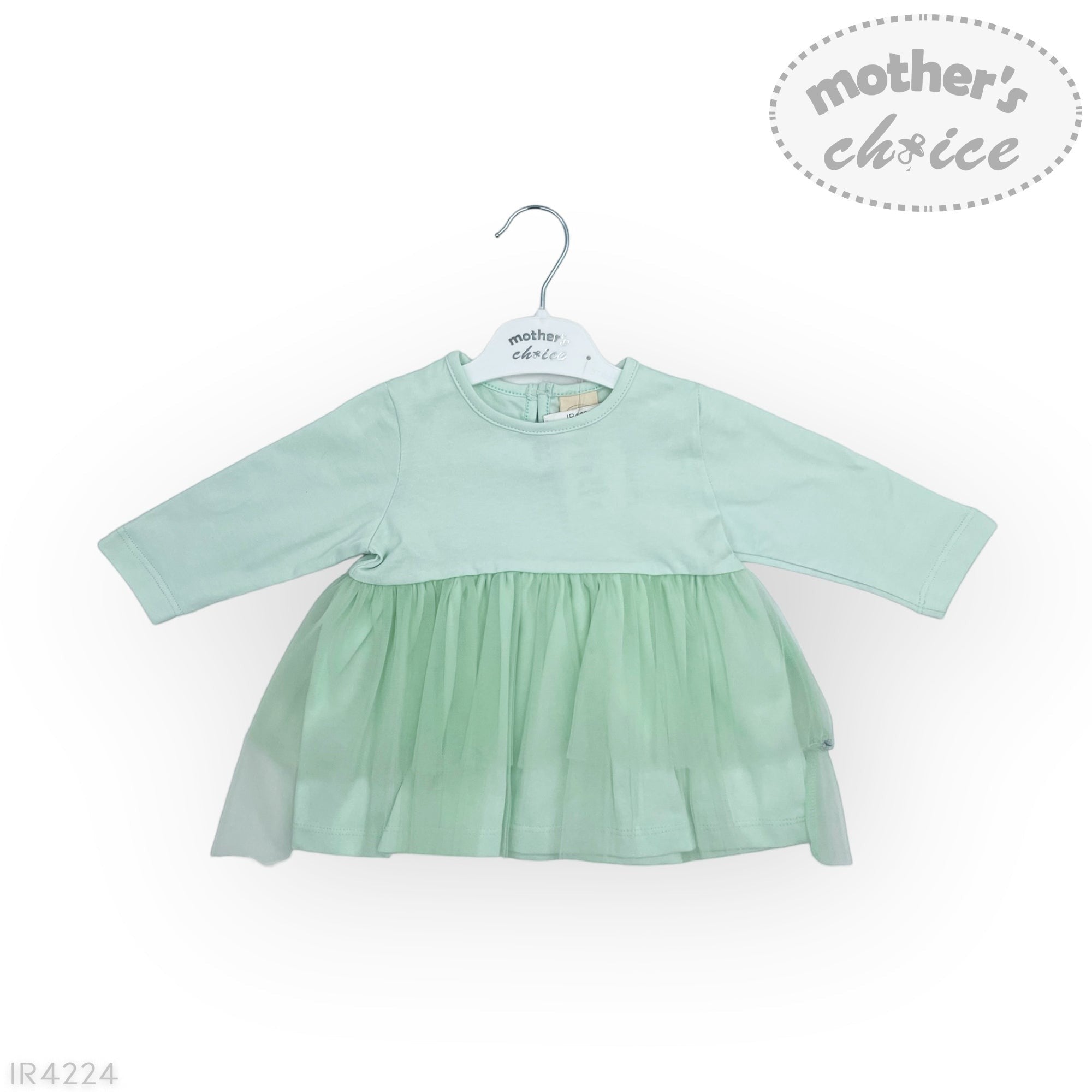 Light green dress on a hanger with 'Mother's Choice' branding on a white background