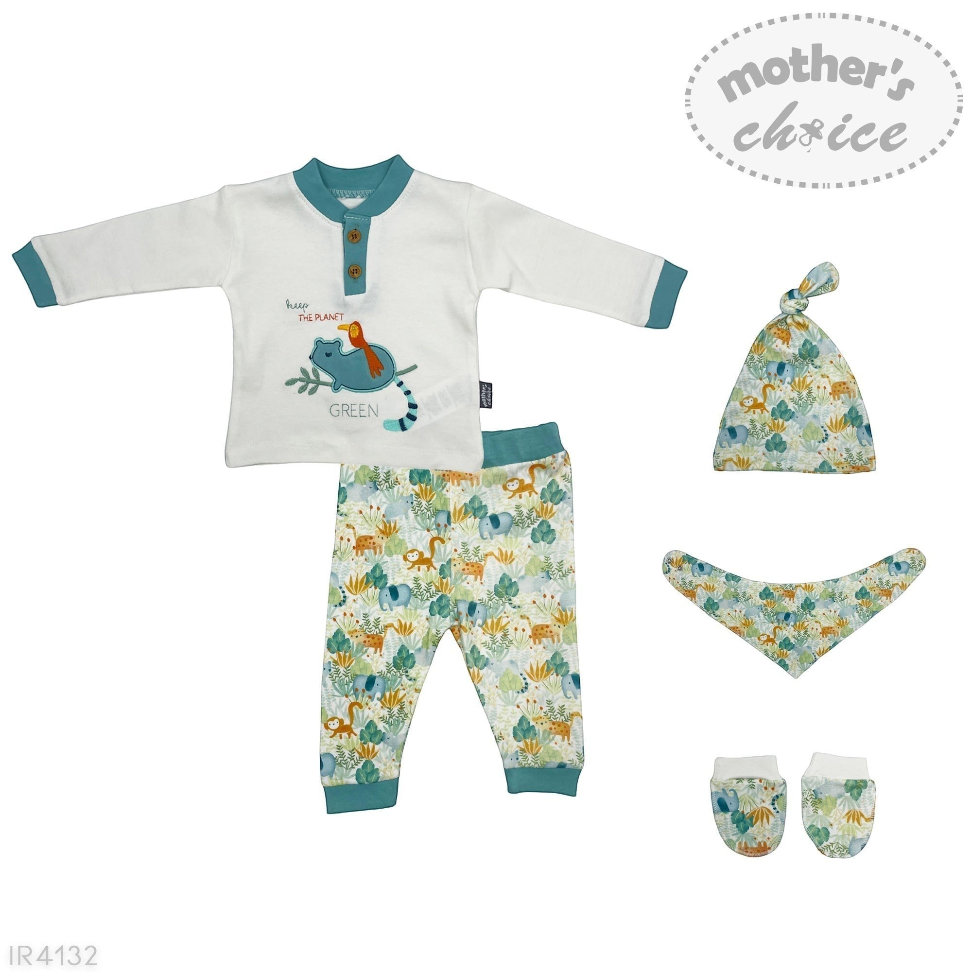Baby clothing set with shirt, pants, hat, and booties on a white background, featuring 'Mother's Choice' brand.