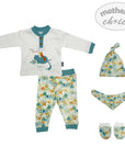 Baby clothing set with shirt, pants, hat, and booties on a white background, featuring 'Mother's Choice' brand.