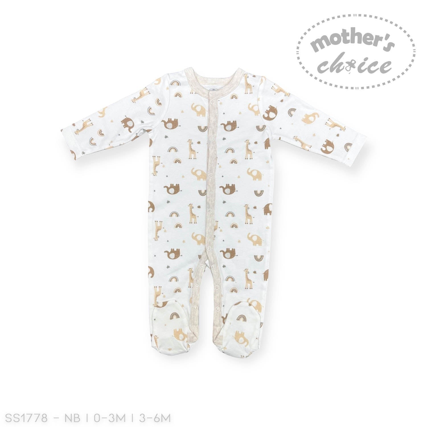 Baby onesie with animal pattern on a white background, branded 'Mother's Choice'.