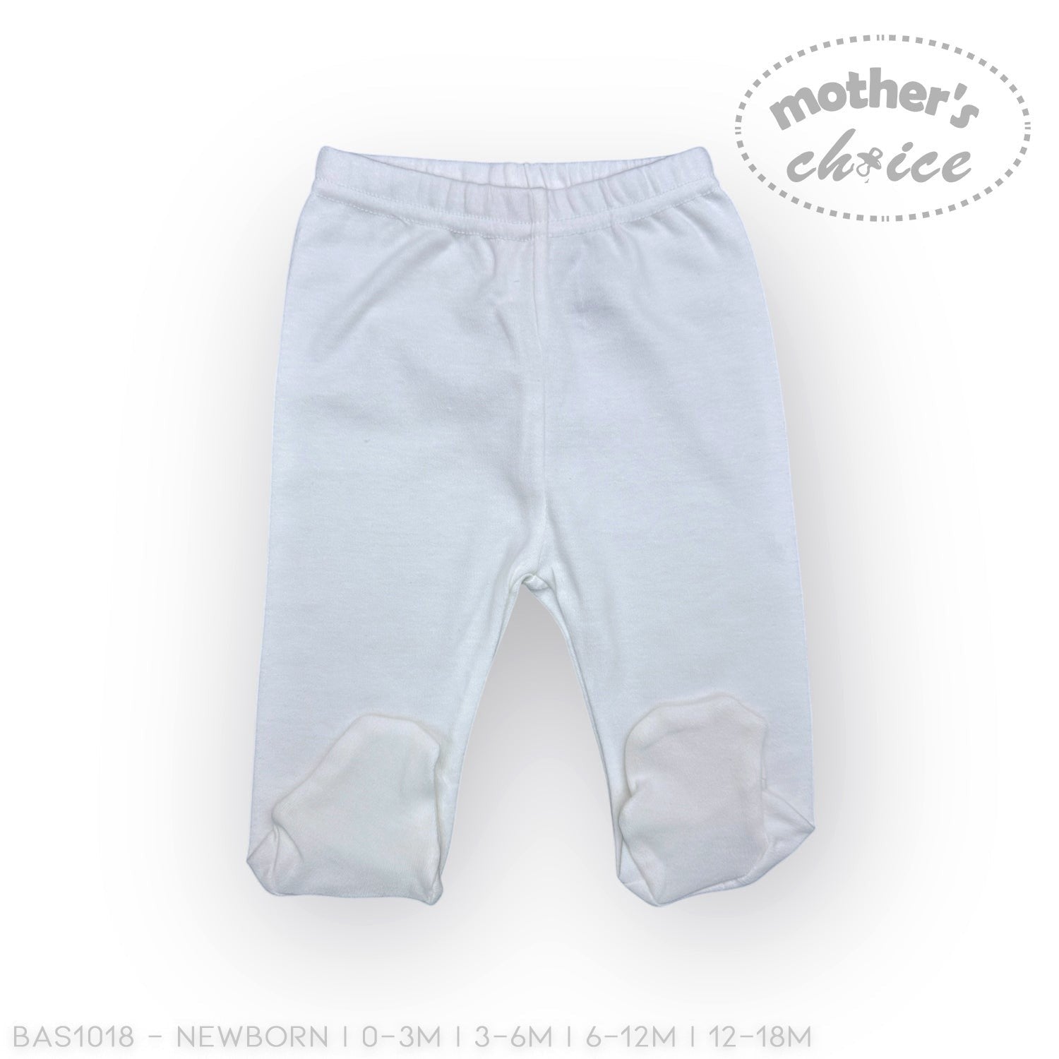 Light blue baby pants with footies on a white background, branded 'Mother's Choice'.