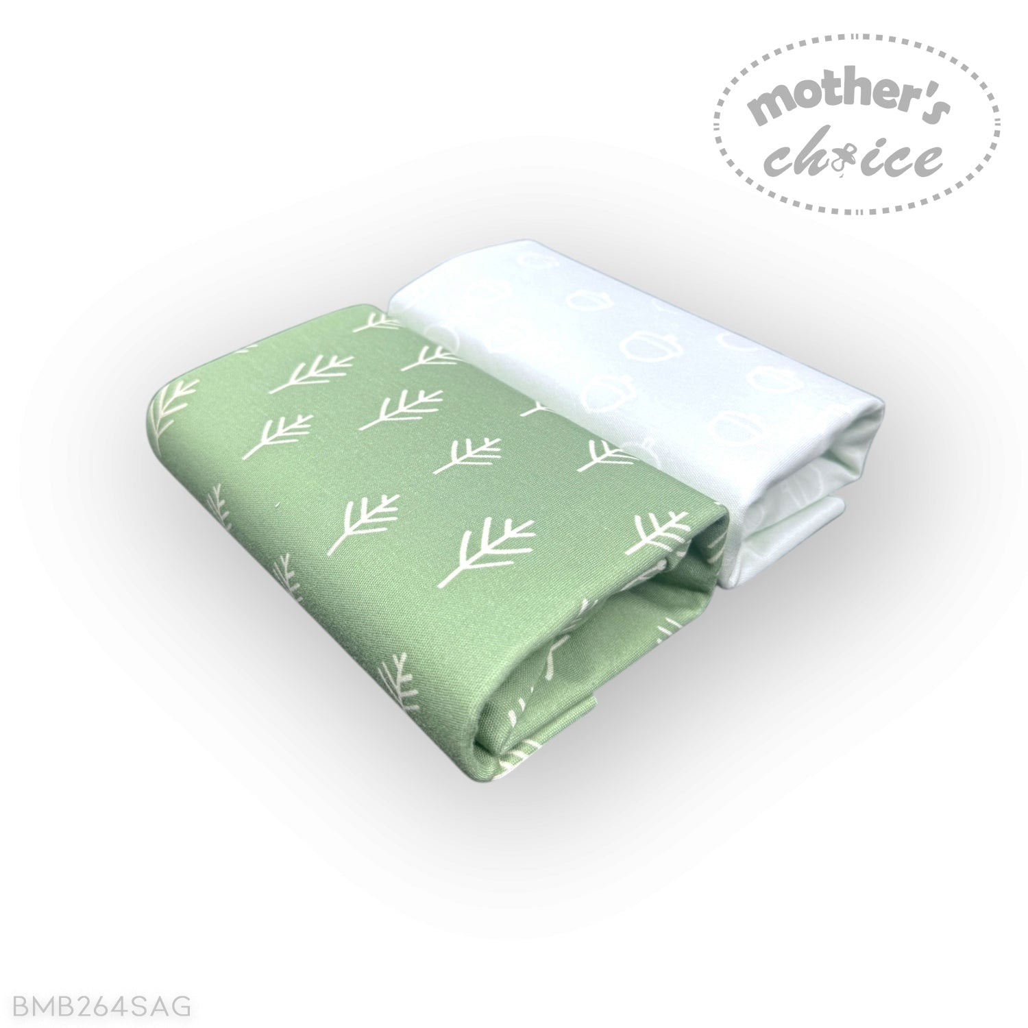 Folded green fabric with white leaf pattern on a white background, branded 'mother's choice'.
