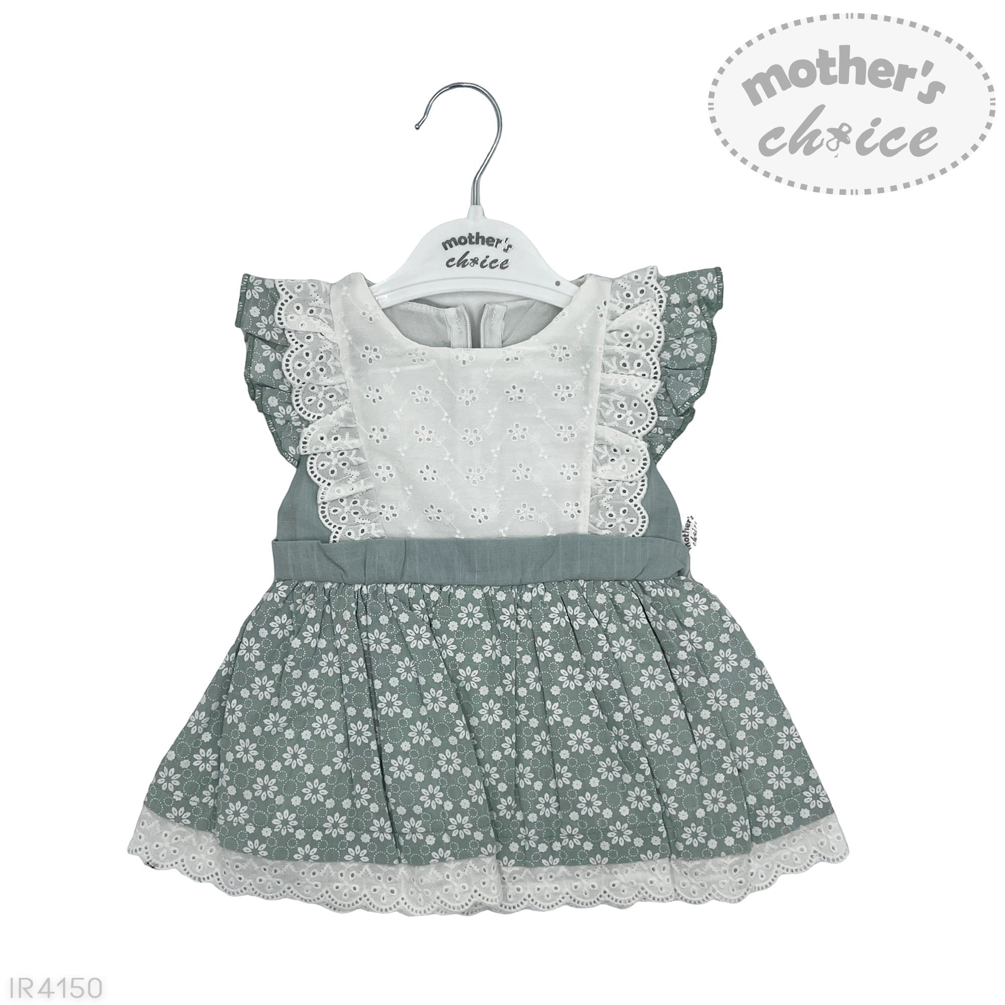 Baby dress with floral pattern and lace details on a white background, featuring 'mother's choice' branding.