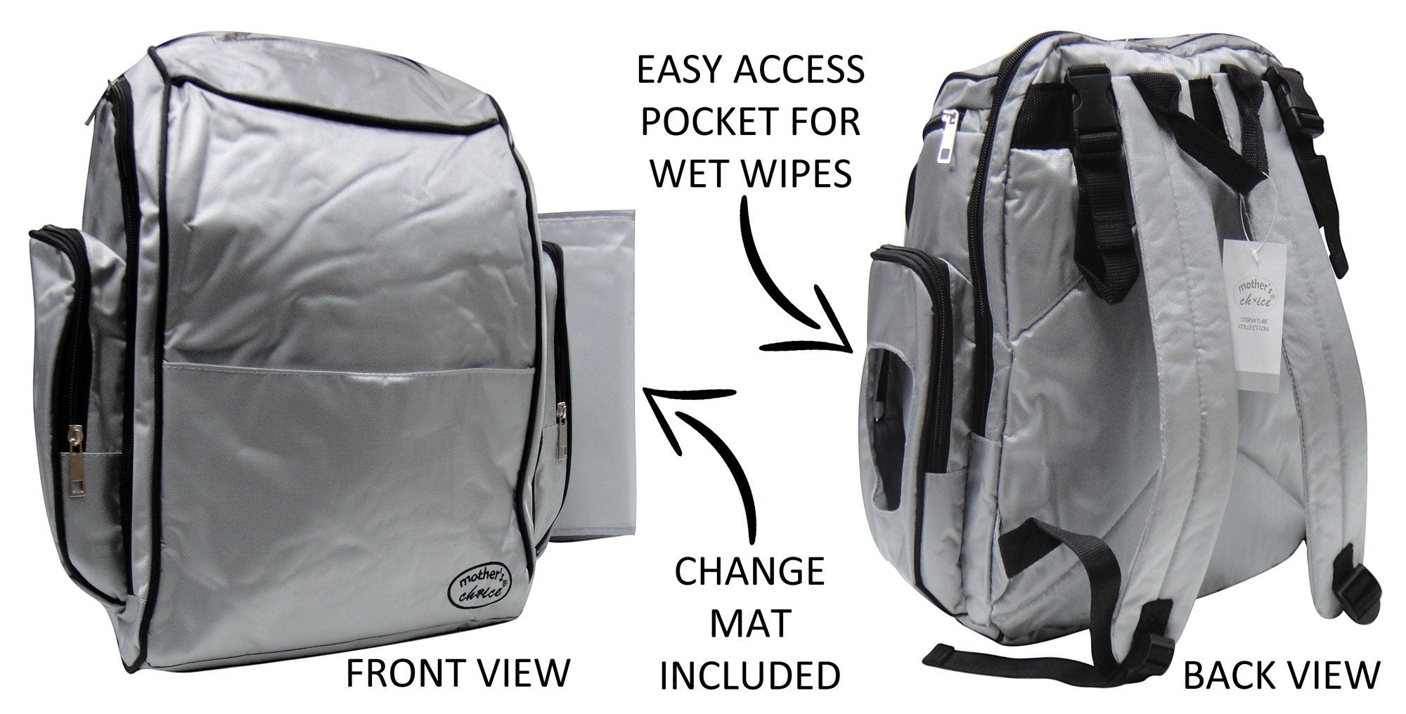 Gray backpack with features highlighted on a white background