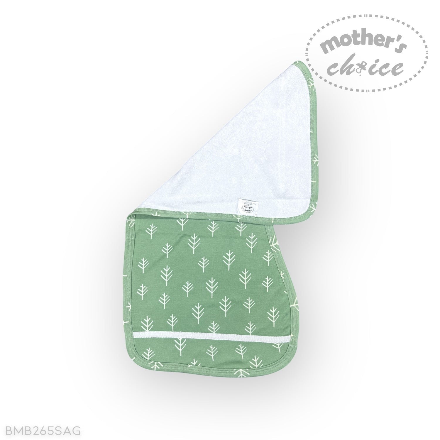 Green baby bib with white leaf pattern on a white background, featuring 'mother's choice' branding.