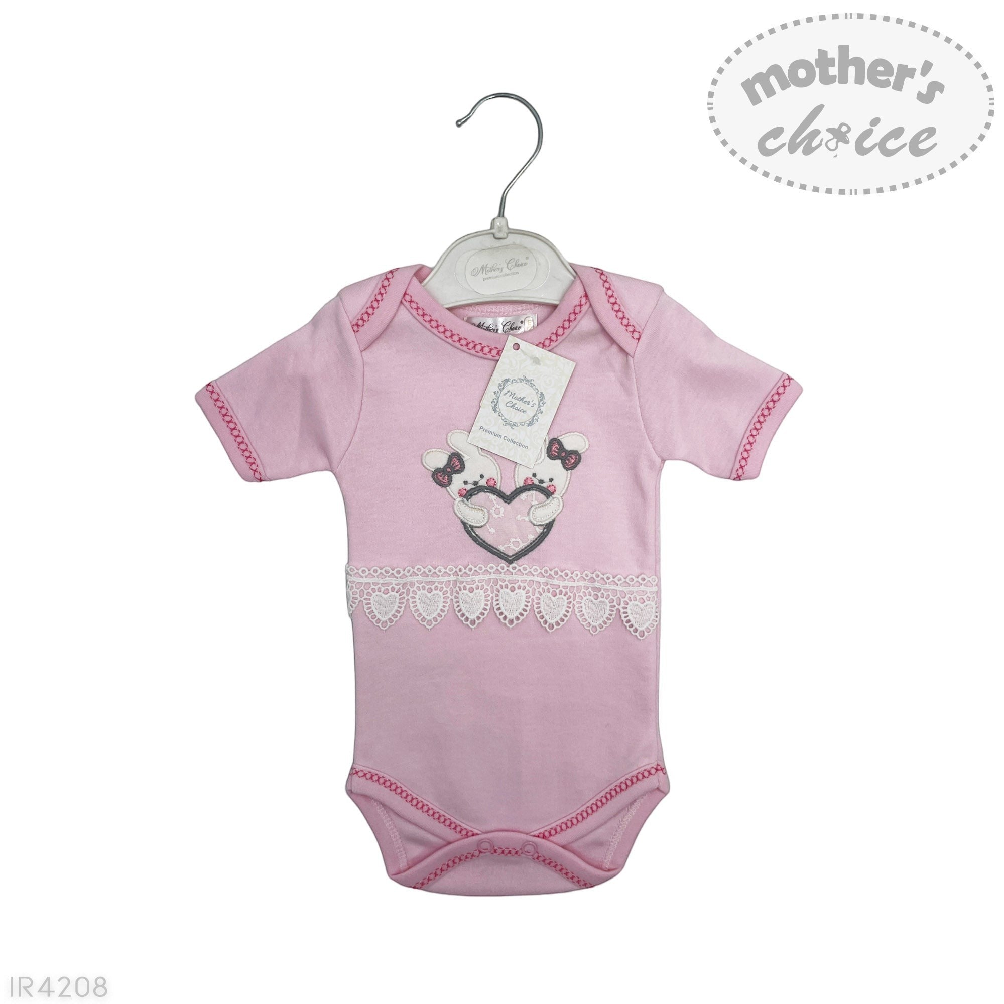Pink baby bodysuit with lace details on a white background, featuring 'Mother's Choice' branding.