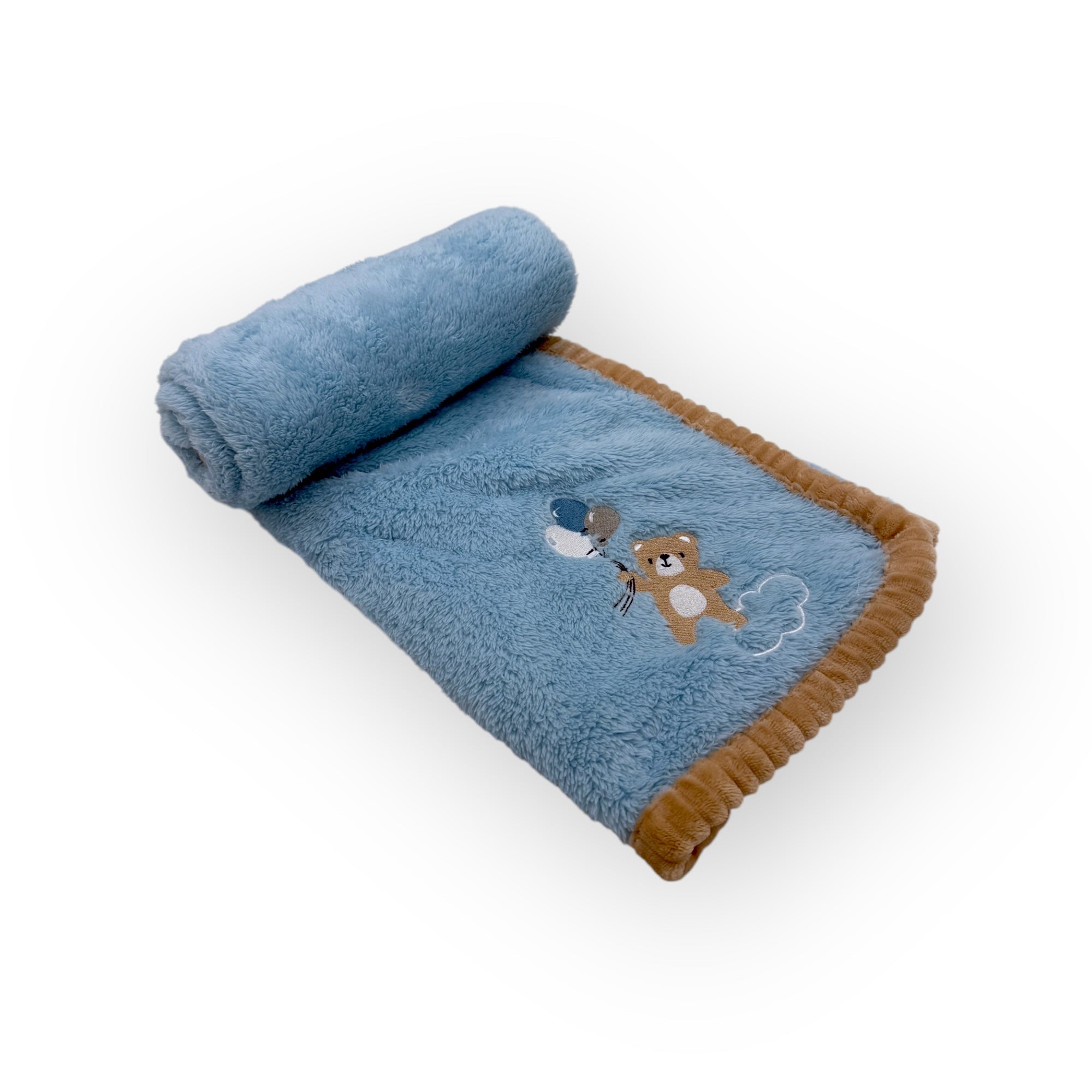 Blue baby blanket with teddy bear design on a white background