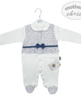 Baby romper with floral pattern and bow tie on a hanger, branded 'Mother's Choice'.