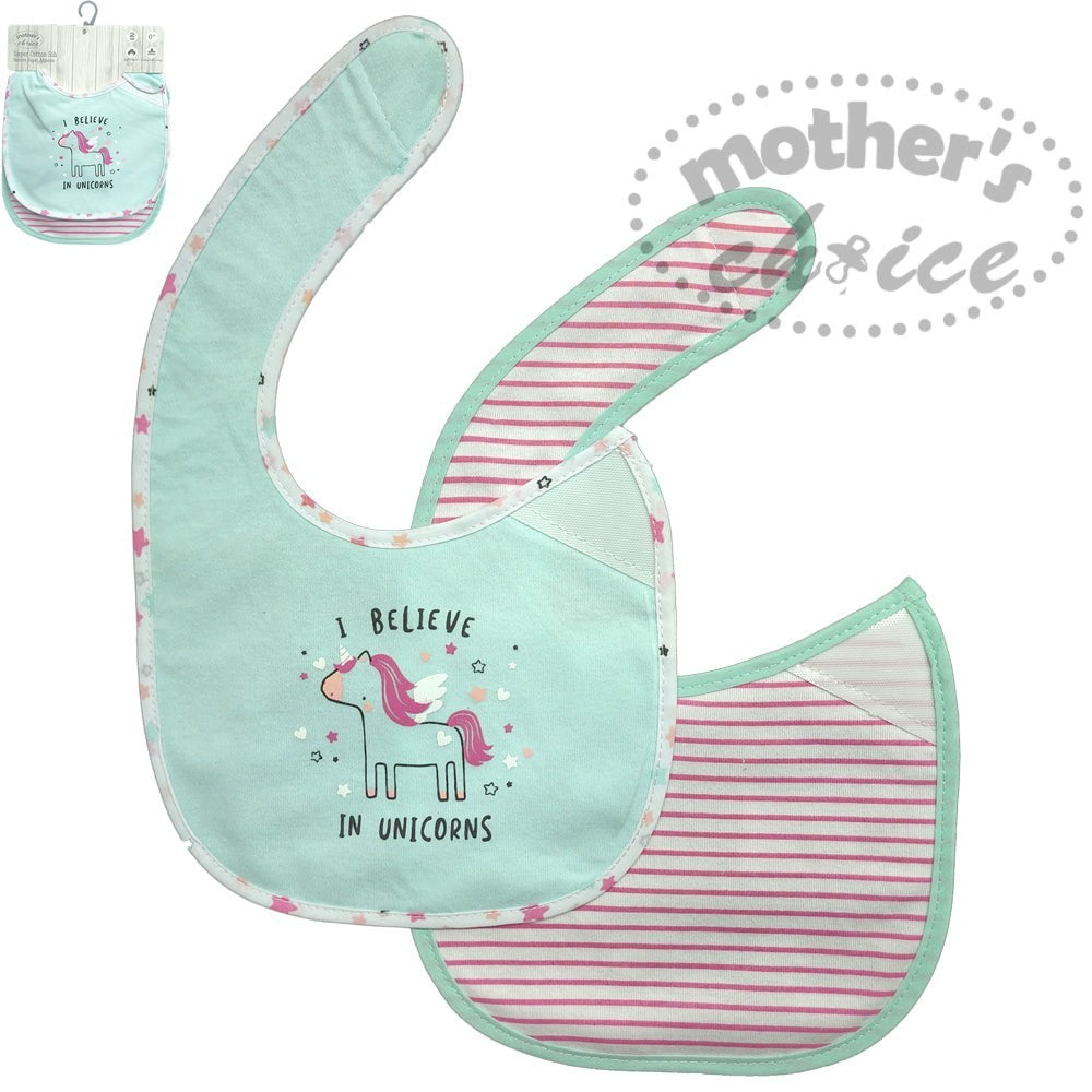 Baby bib with unicorn design and matching pouch on a white background