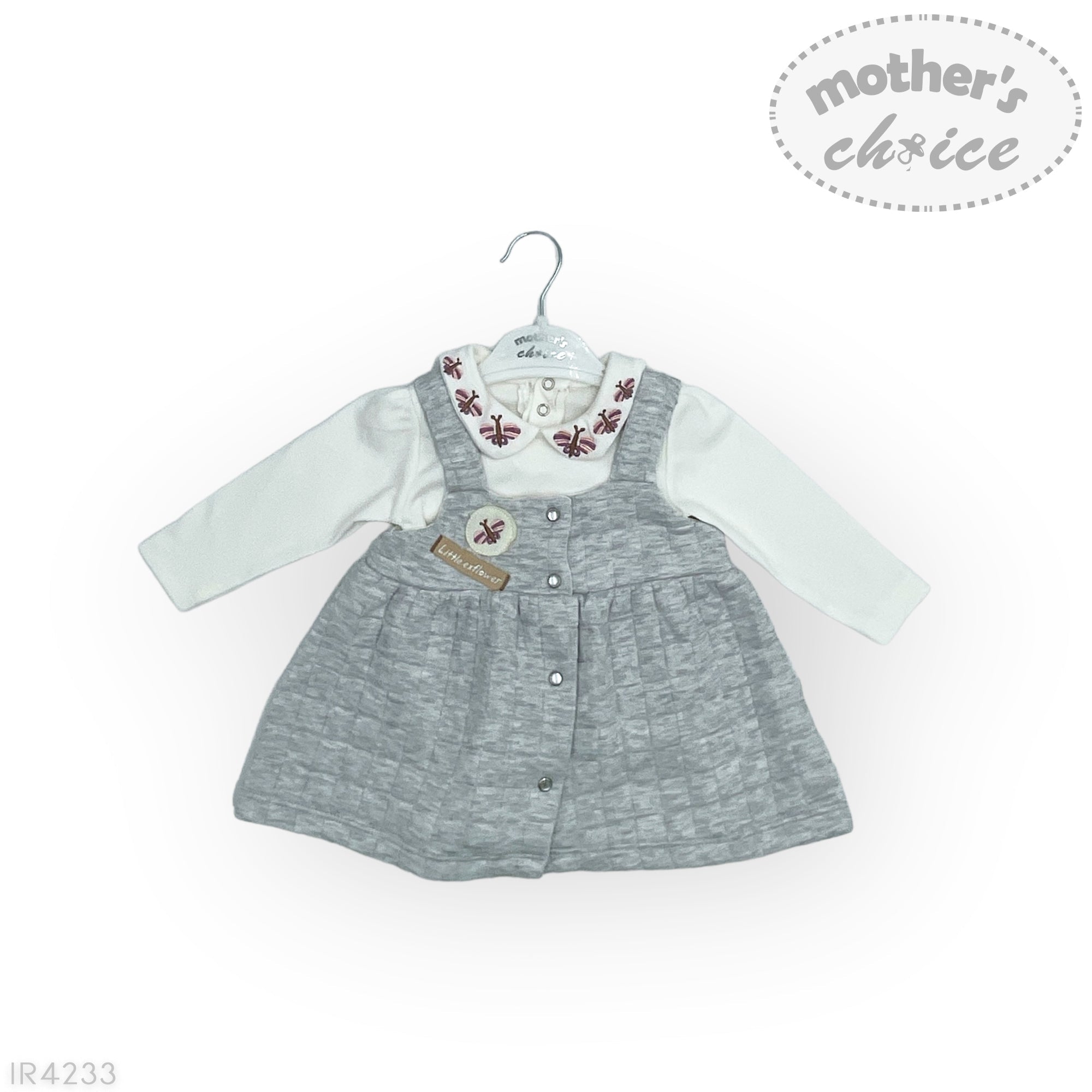 Baby outfit with gray dress and white shirt on a hanger against a white background, featuring 'mother's choice' branding.