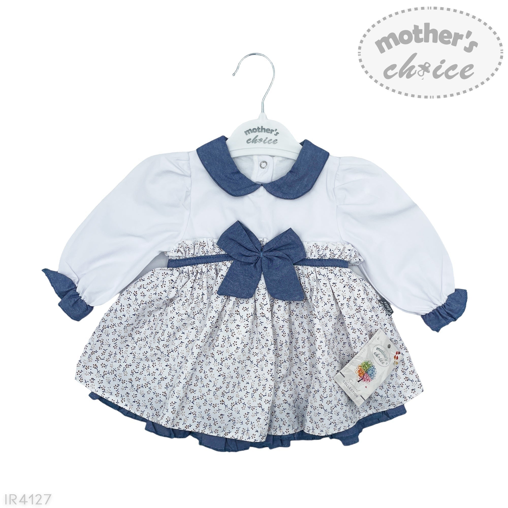 Baby dress with blue collar and bow on a white background, branded 'Mother's Choice'.