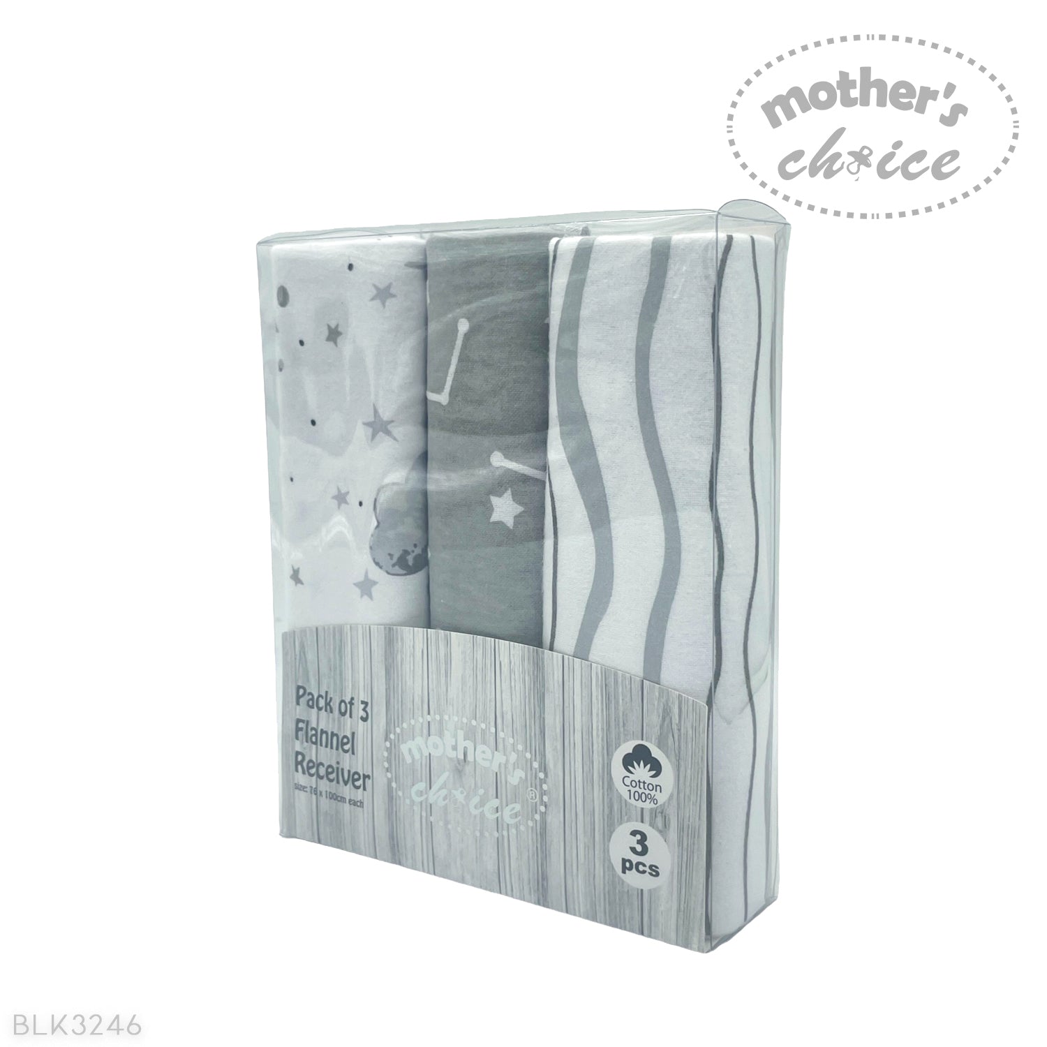 Pack of 3 flannel receivers in packaging with 'Mother's Choice' branding on a white background.