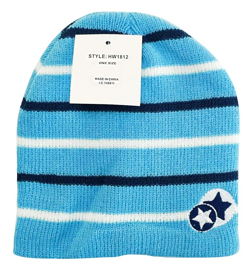 Blue striped beanie with a star design and tag on a white background