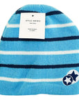 Blue striped beanie with a star design and tag on a white background
