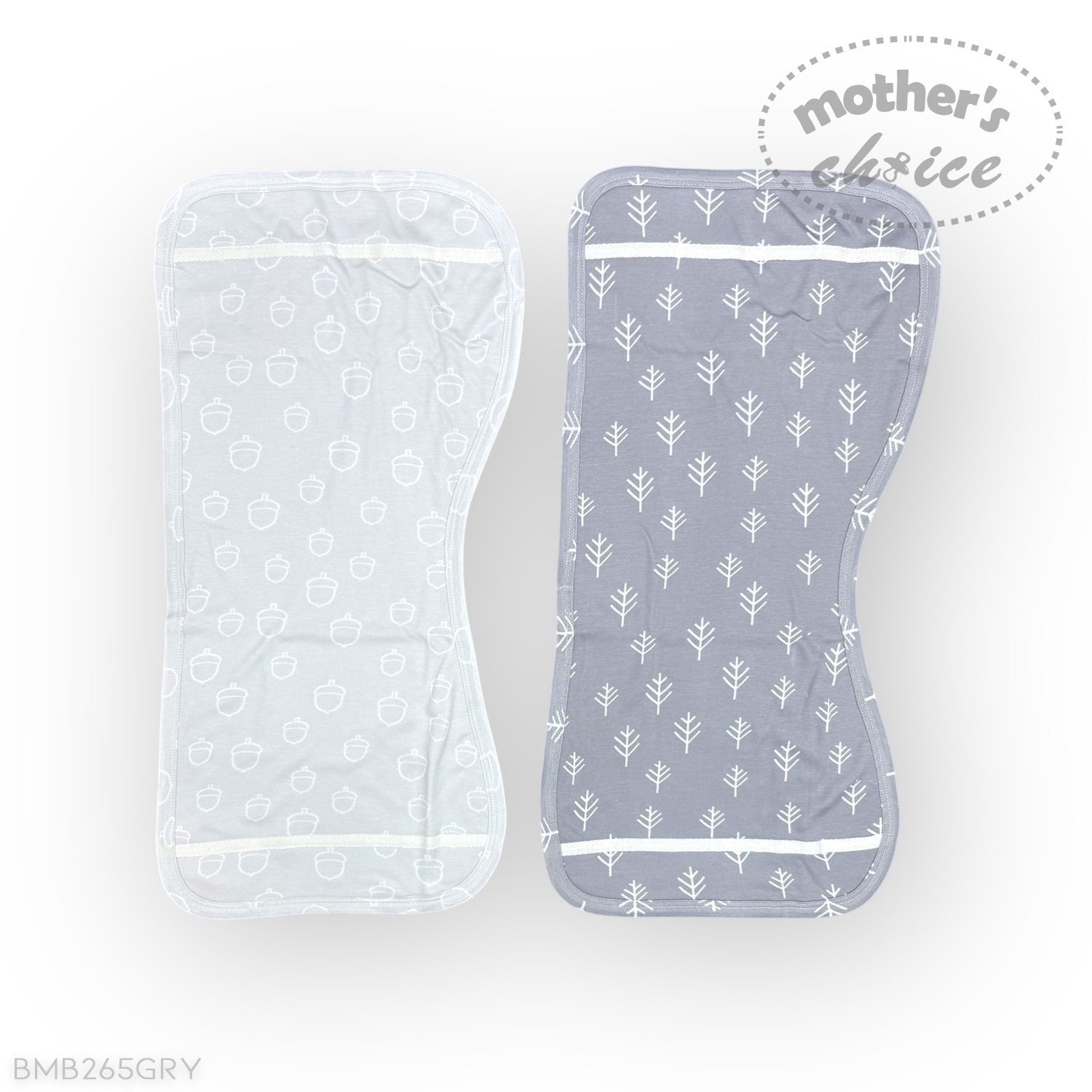 Two baby bibs with white patterns on a light gray background, branded 'Mother's Choice'.