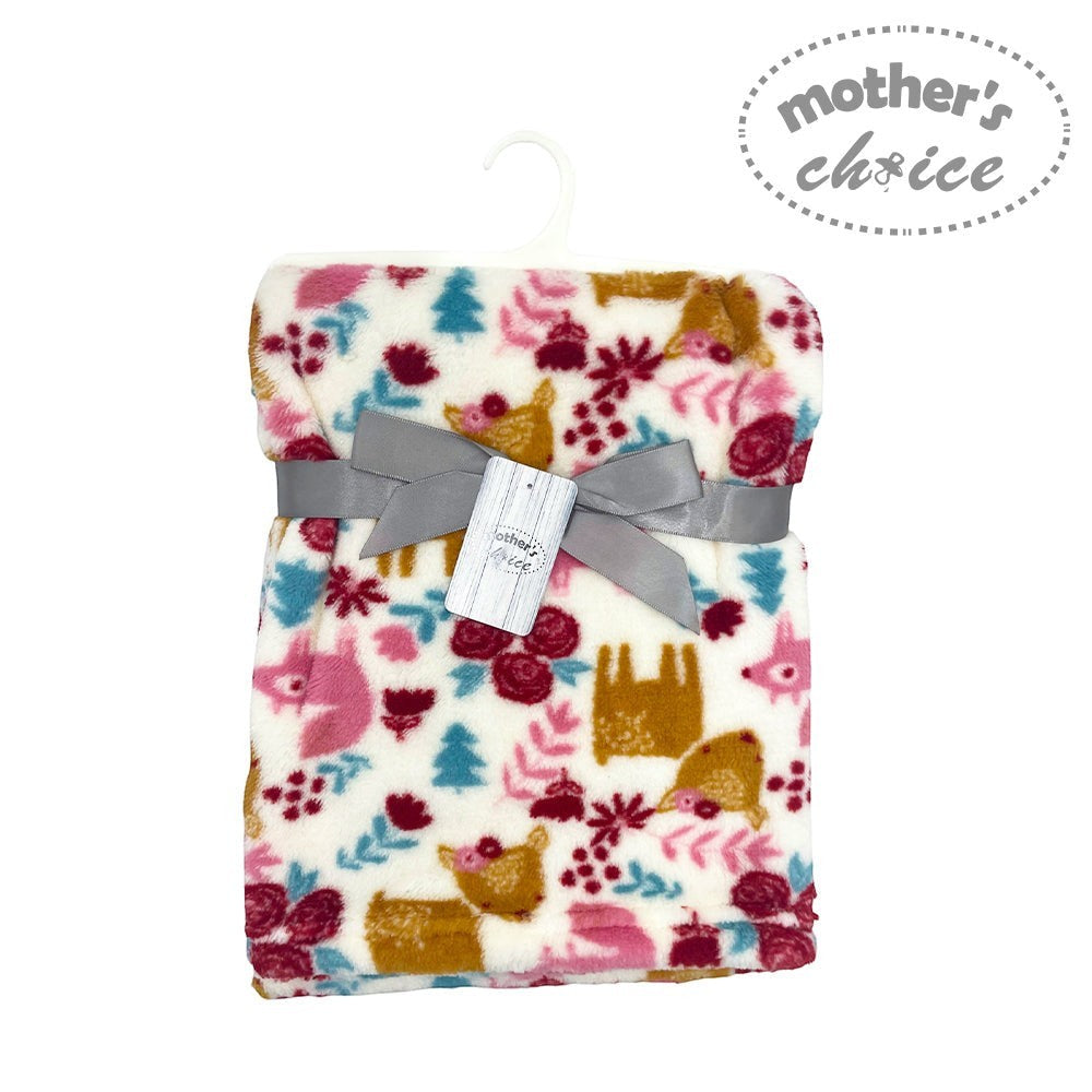 Floral patterned blanket with a gray ribbon and tag on a white background, branded 'Mother's Choice'.