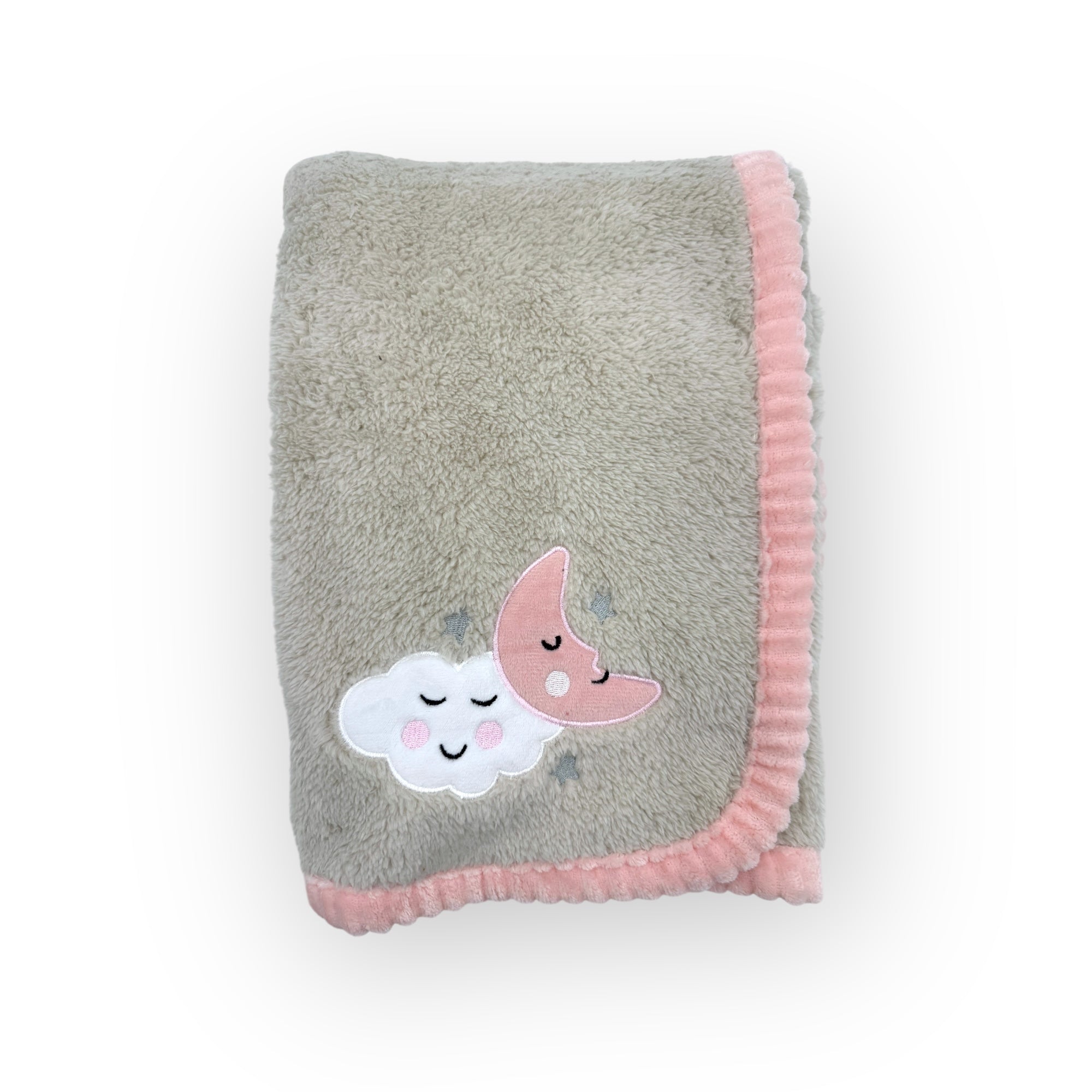 Gray blanket with pink edge and cloud and moon appliqués on a white background