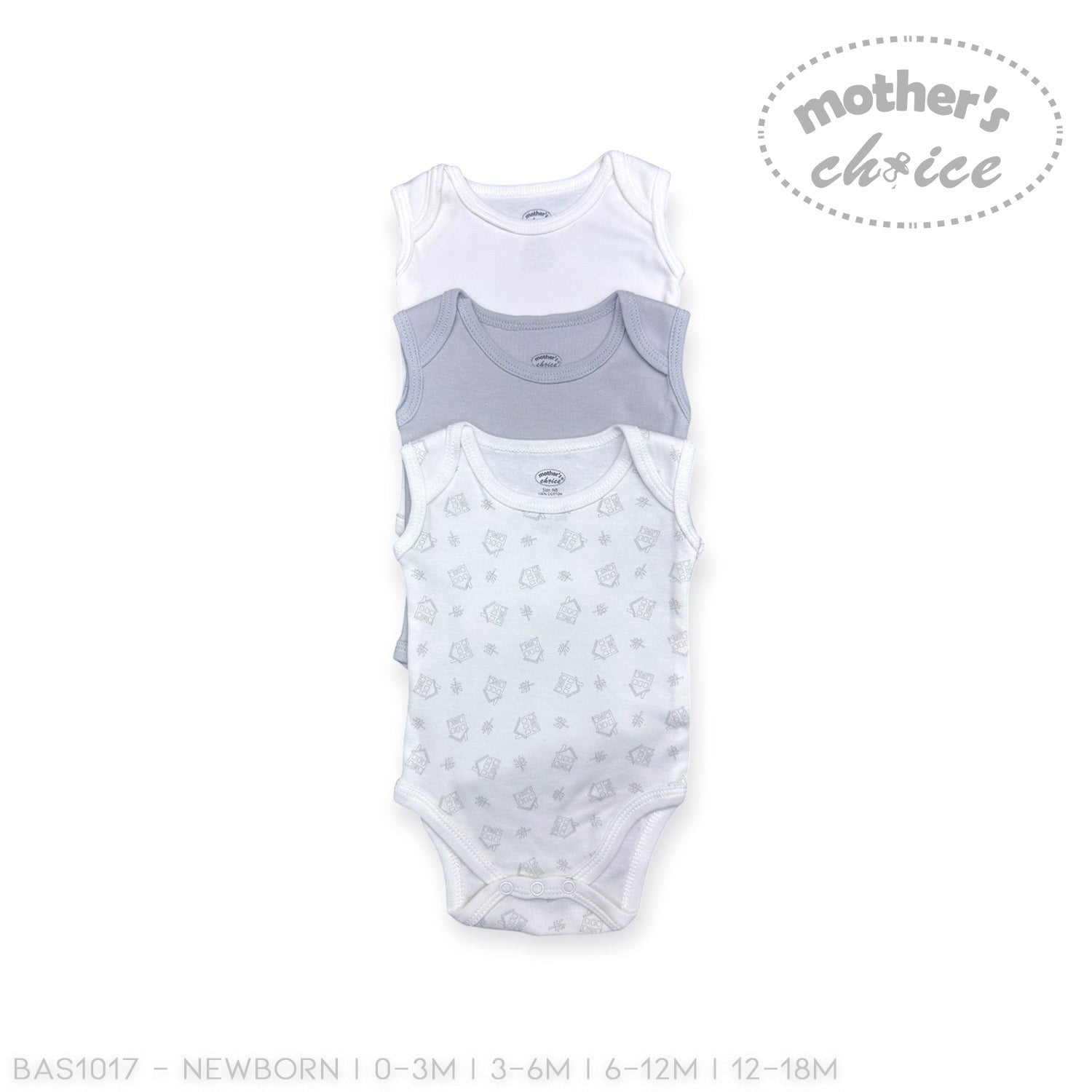 Three baby bodysuits in white, gray, and light blue with a 'Mother's Choice' label on a white background.