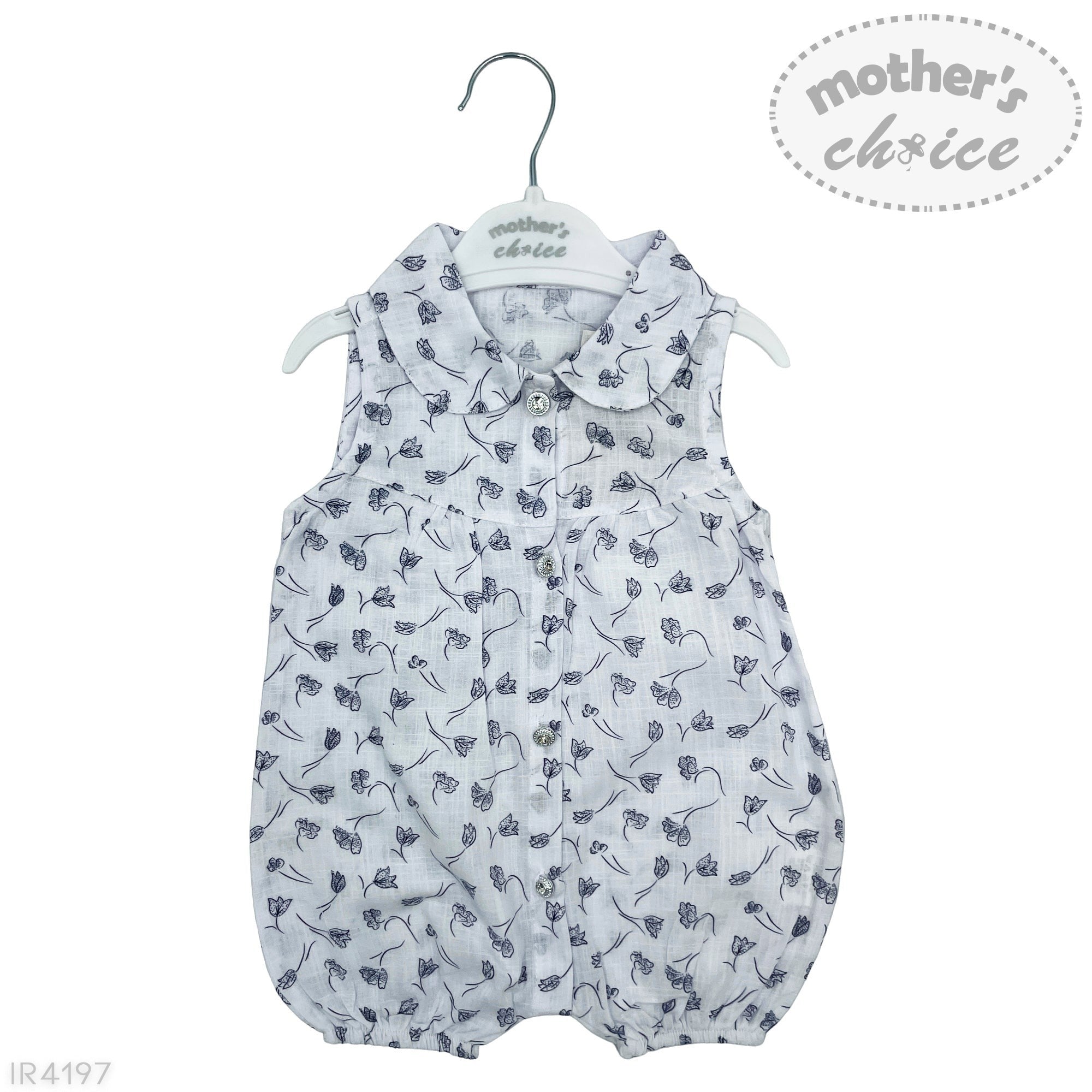 Baby romper with floral pattern on a hanger with 'mother's choice' label.