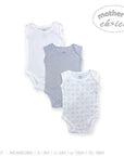 Three baby bodysuits in white, gray, and patterned designs on a white background with 'Mother's Choice' branding.