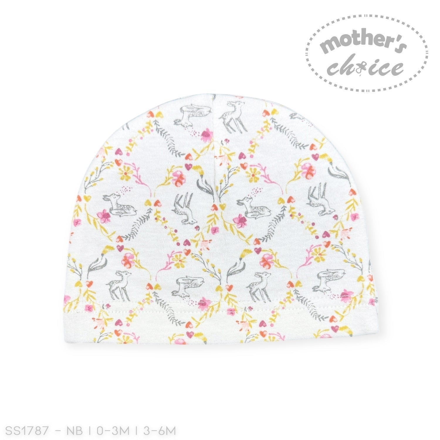 Baby hat with animal pattern on a white background, featuring 'Mother's Choice' branding.