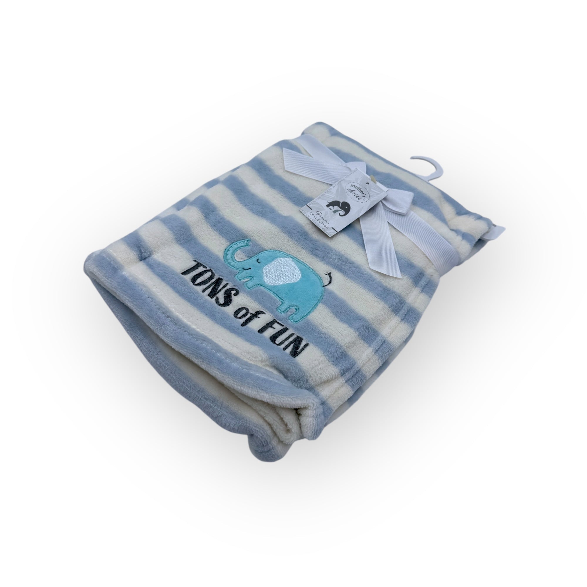 Blue and gray striped blanket with 'TONS of FUN' text and elephant graphic on a white background