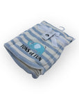 Blue and gray striped blanket with 'TONS of FUN' text and elephant graphic on a white background