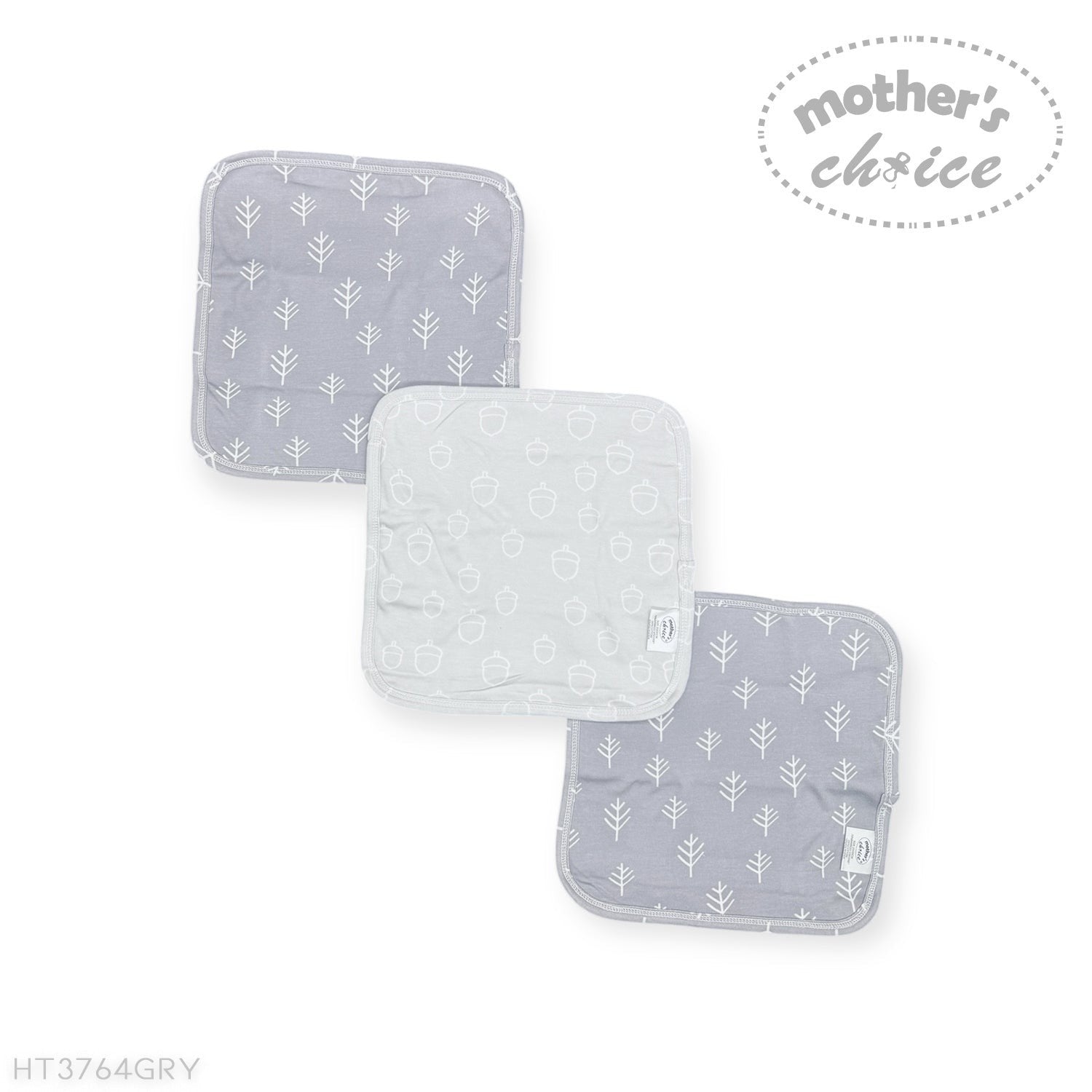 Set of three gray baby bibs with white patterns on a white background, featuring 'Mother's Choice' branding.
