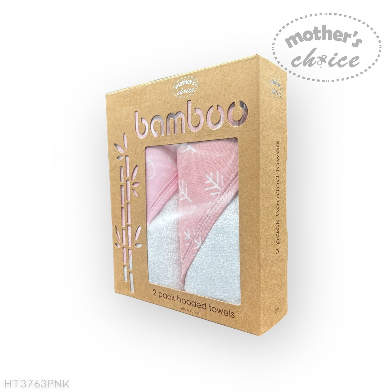 Packaged bamboo hooded towels with 'Mother's Choice' branding on a white background