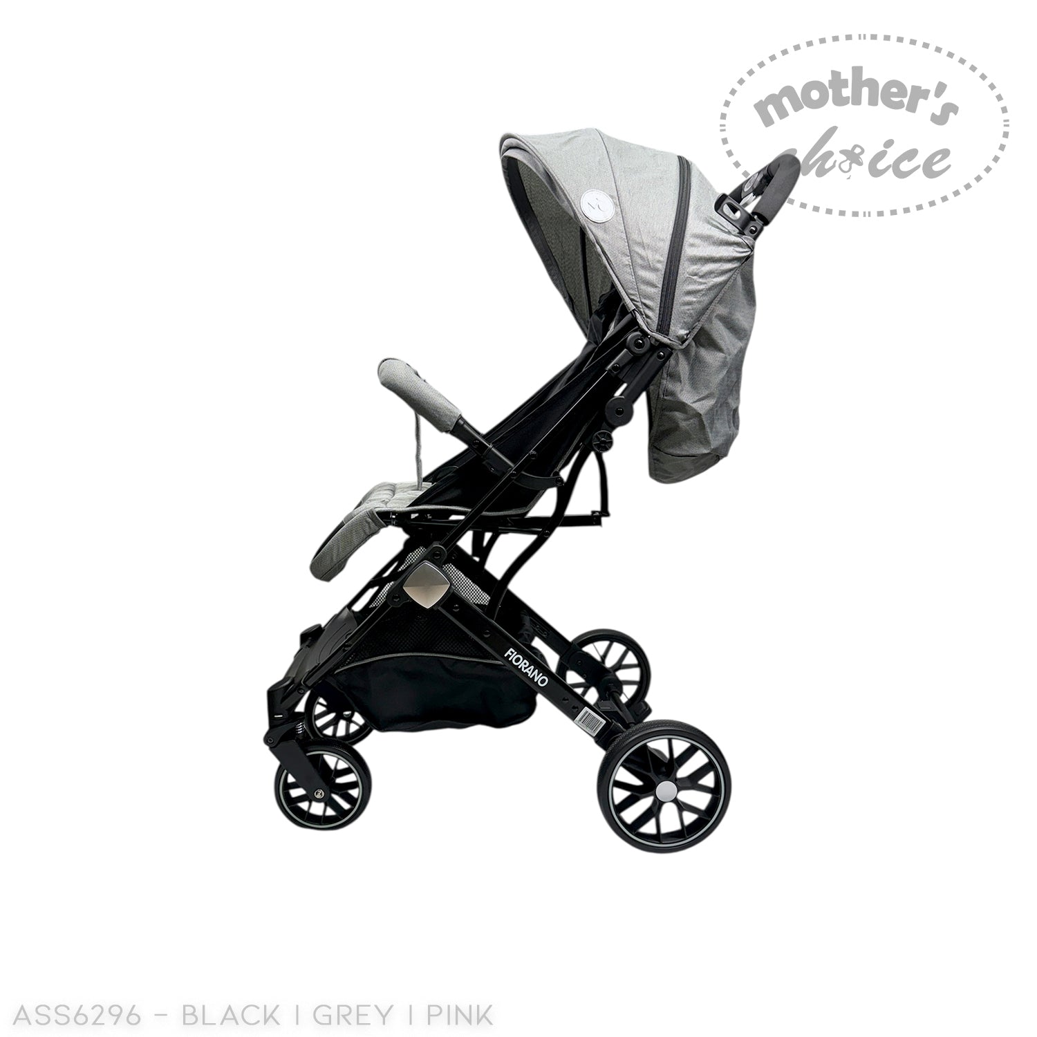 Black and gray stroller with 'Mother's Choice' branding on a white background