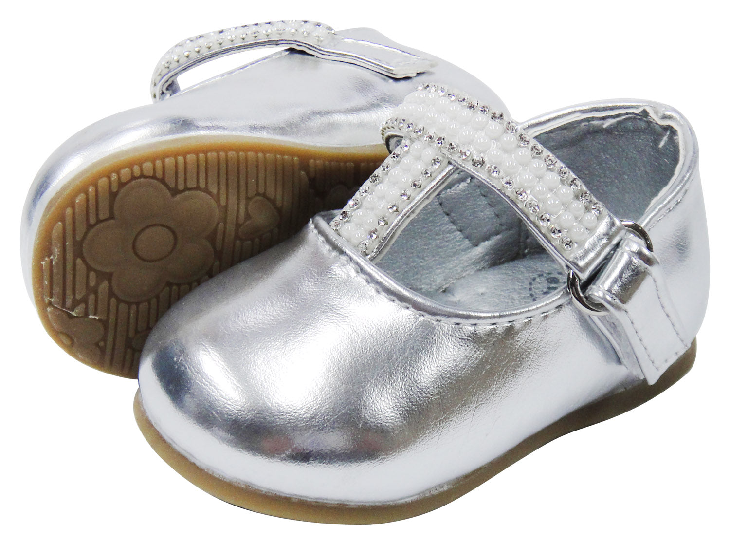 Silver baby shoes with a strap on a white background