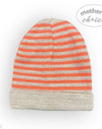 Striped beanie with orange and beige stripes on a white background, featuring 'mother's choice' branding.