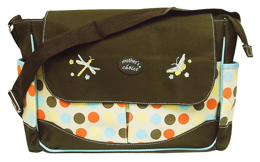 Diaper bag with polka dot pattern and 'Mother's Choice' logo
