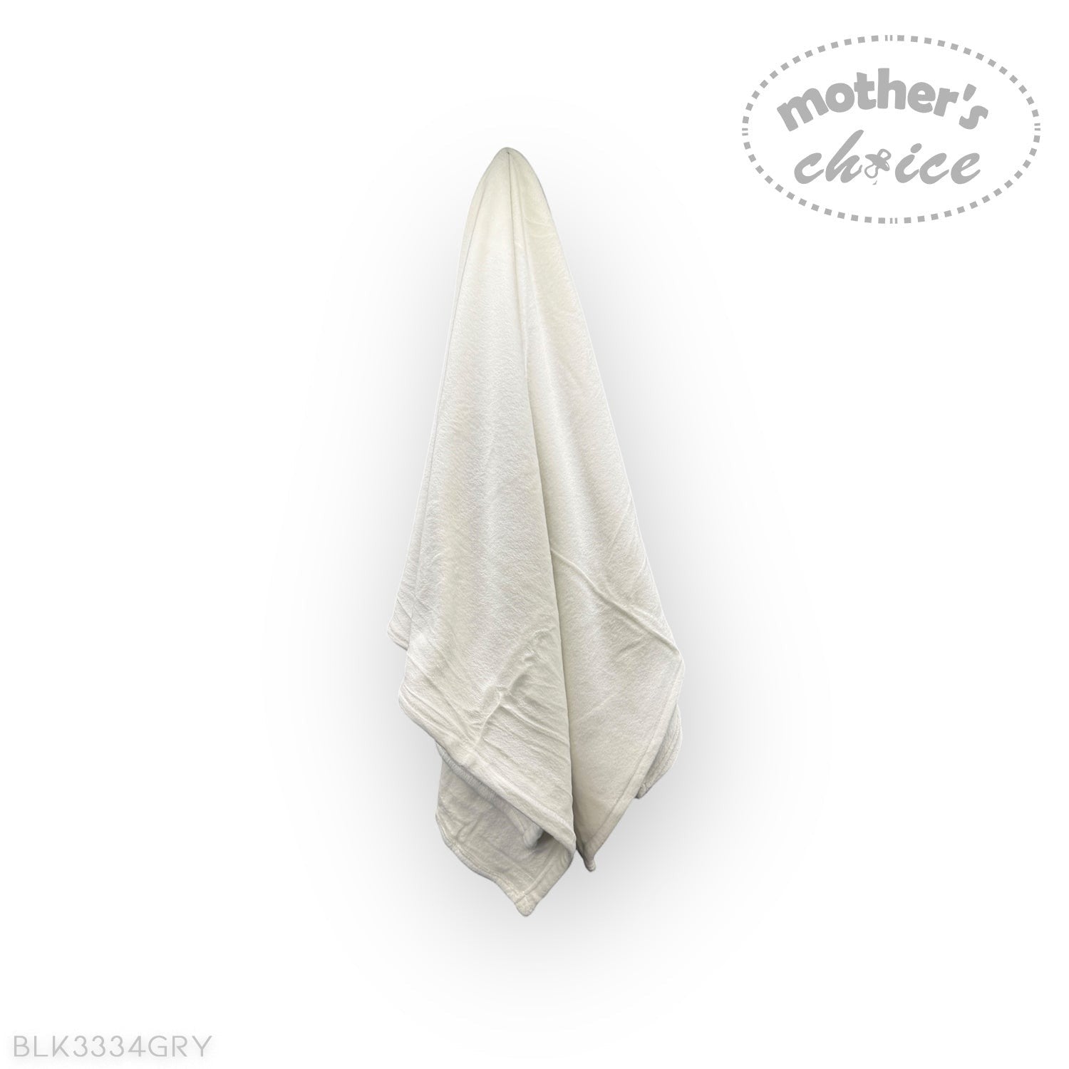 Light gray towel hanging on a white wall with 'mother's choice' branding.