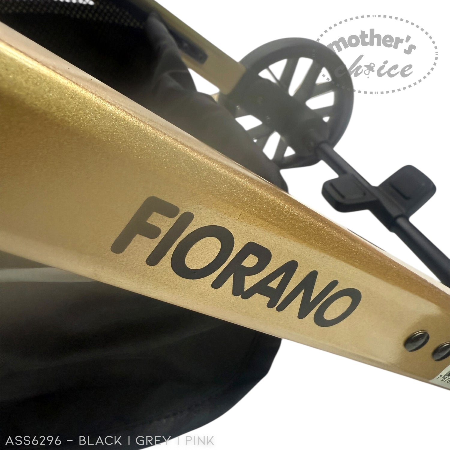 Close-up of a gold scooter frame with 'FIORANO' branding on a white background.