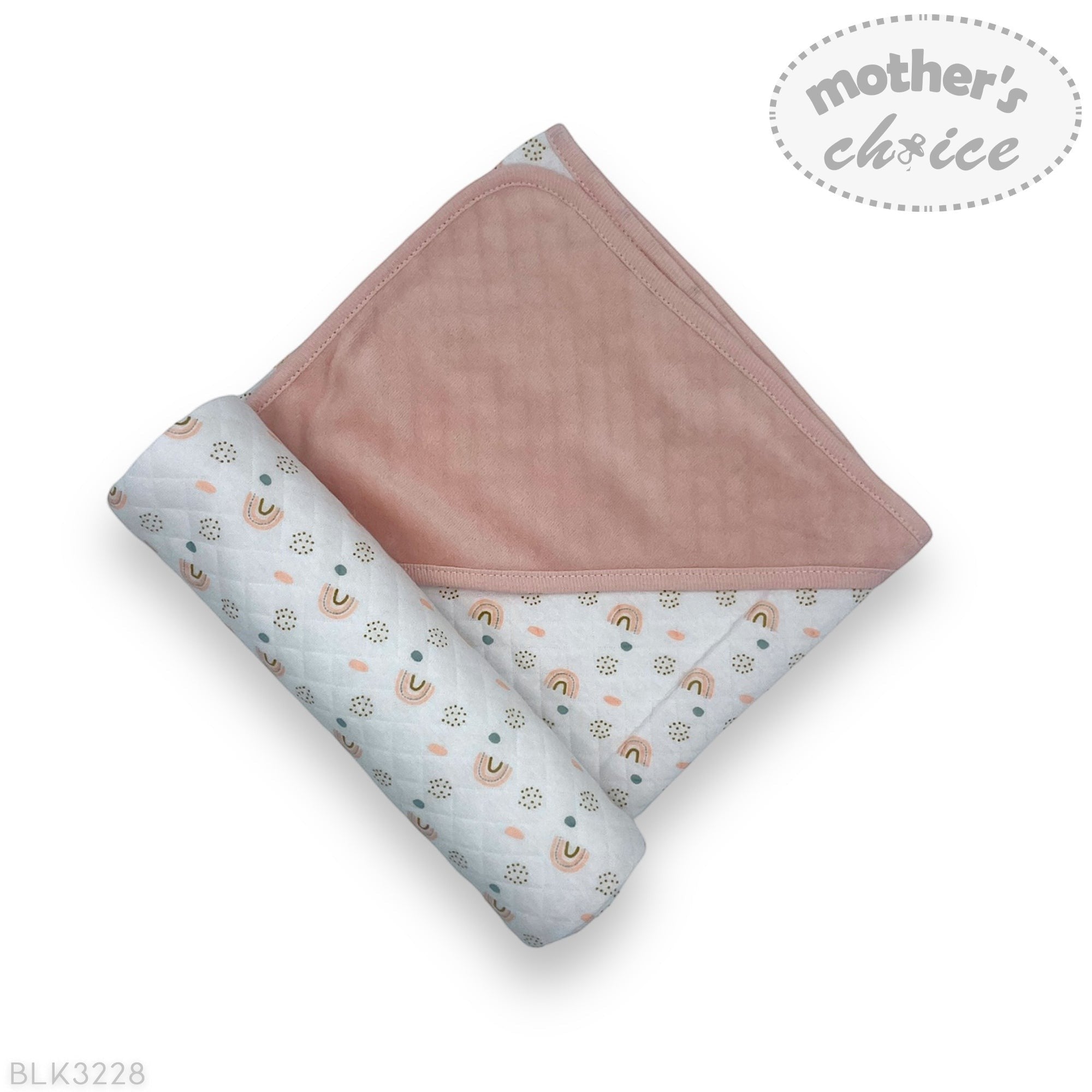 Two baby blankets, one pink and one with a pattern, on a white background with 'Mother's Choice' branding.