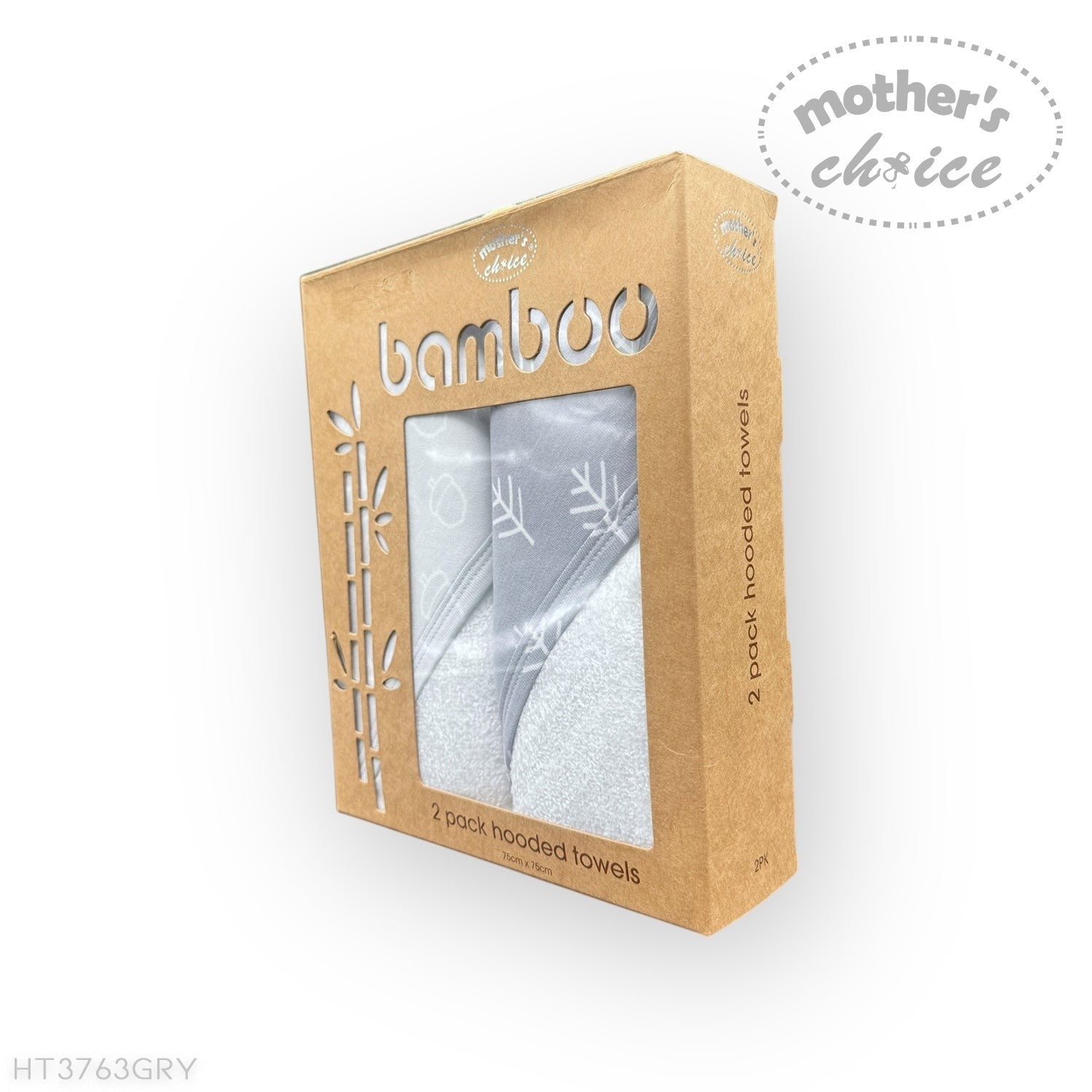 Packaged bamboo hooded towels with 'mother's choice' branding on a white background
