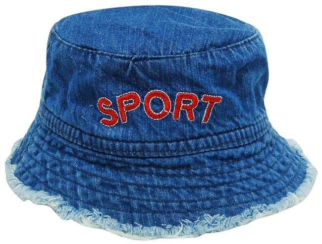 Blue denim bucket hat with 'SPORT' embroidered in red on a white background