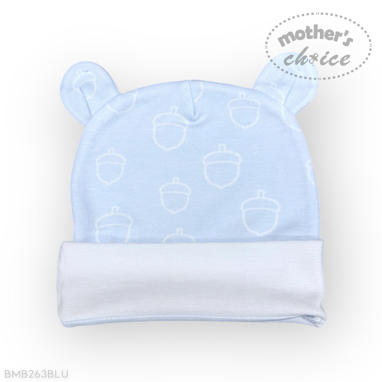 Blue baby hat with white patterns on a light gray background, featuring 'Mother's Choice' branding.