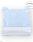 Blue baby hat with white patterns on a light gray background, featuring 'Mother's Choice' branding.